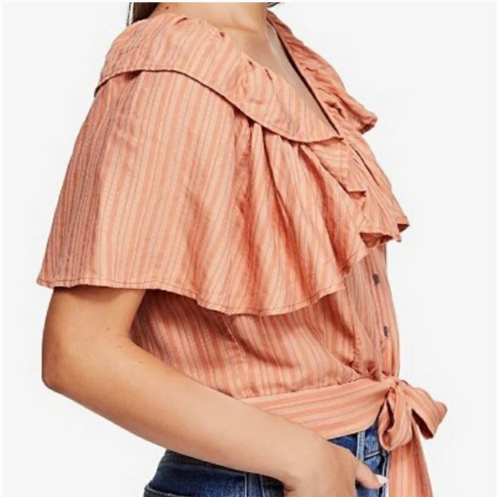 FREE PEOPLE Rosemary Ruffle Peasant Boho Tie Front Top Coral Stripe NWT